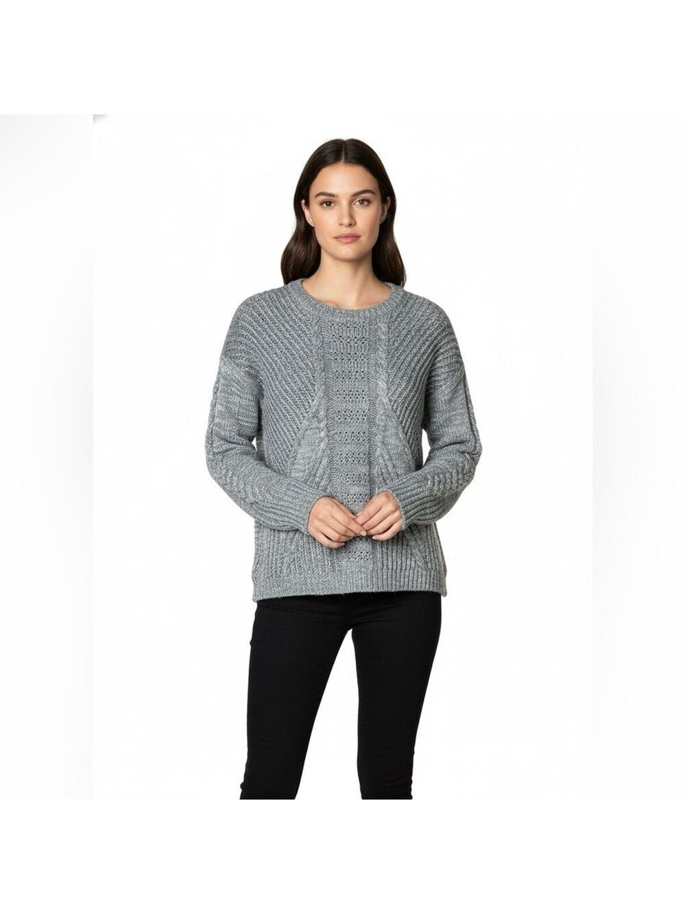 DUFFY 100% Merino Wool Grey Chunky Cable Knit Long Sleeve Crew Neck Sweater Sz S